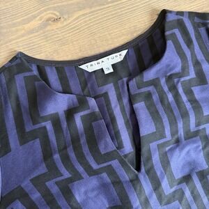 Trina Turk Womens Small Blue Black V-Neck Geometric 3/4 Sleeve Catalonia Blouse